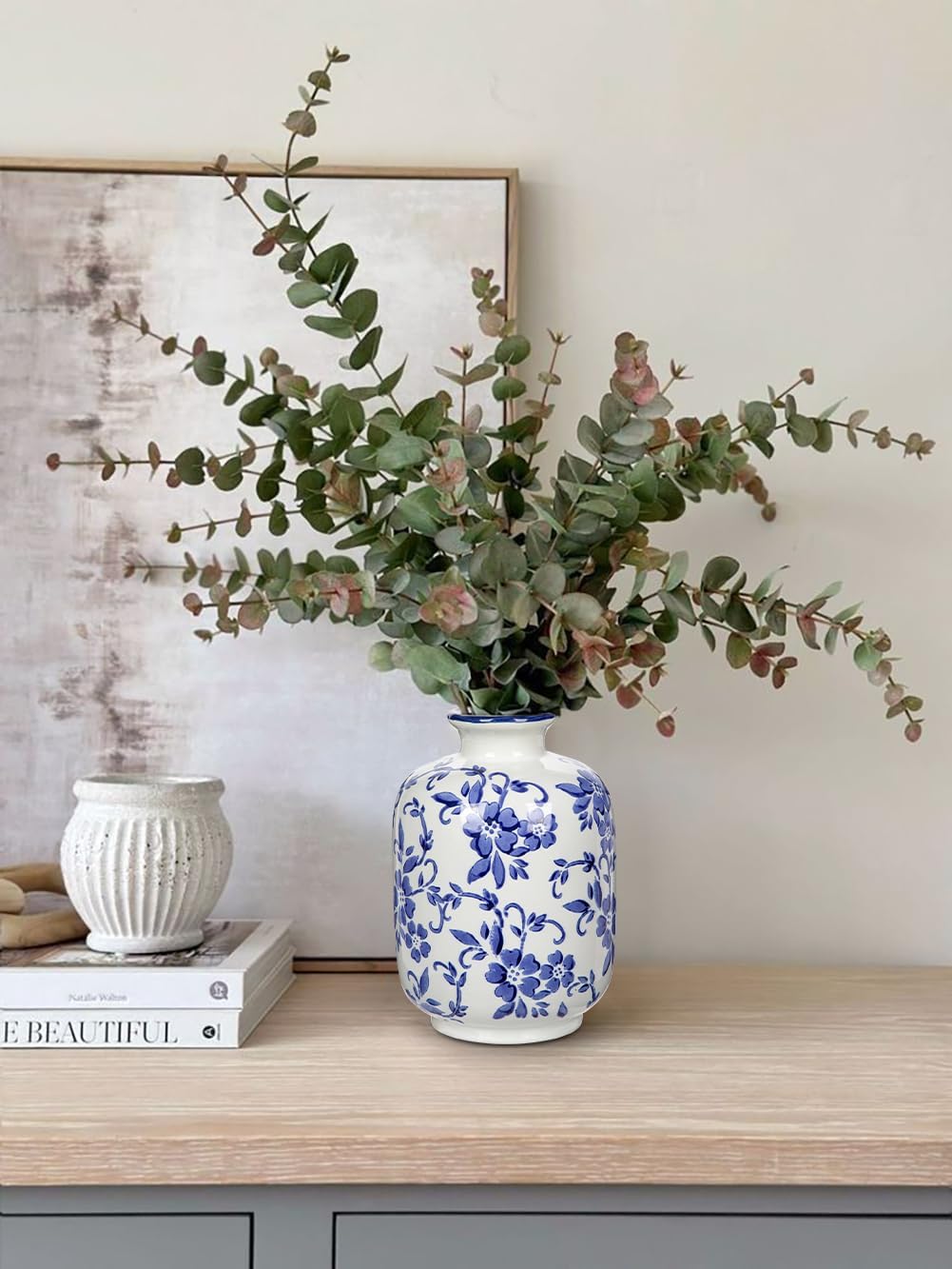 Hollyone Blue and White Porcelain Vase Large Chinoiserie Floral Vintage Tall Blue Ceramic Vases for Home Mantle Shelf Living Room Table Centerpieces Decor, 7.3 Inch