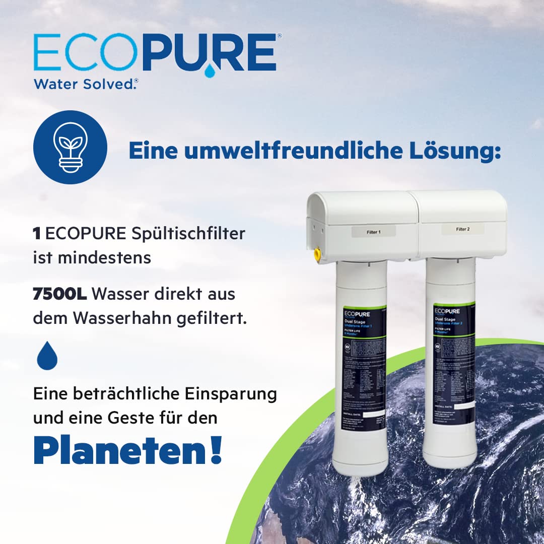 ECOPURE | 2-Stufen-Filtrationssystem unter der Spüle (ECOP20) für reines, gesundes Trinkwasser | Reduktion von Blei, Chemikalien und Chlor | Lebensdauer: 6 Monate/7500L Wasser