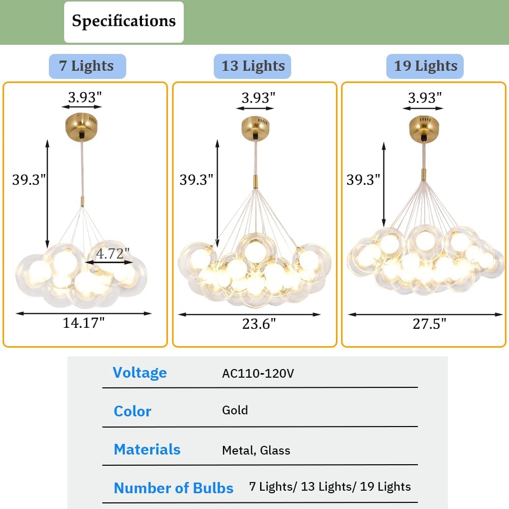 Gold Bubble Chandelier, Modern Bubble Ball Pendant Light Fixture with Clear Glass Shade, Decorative Ball Chandelier for Living Room Dining Room (19 Lights)