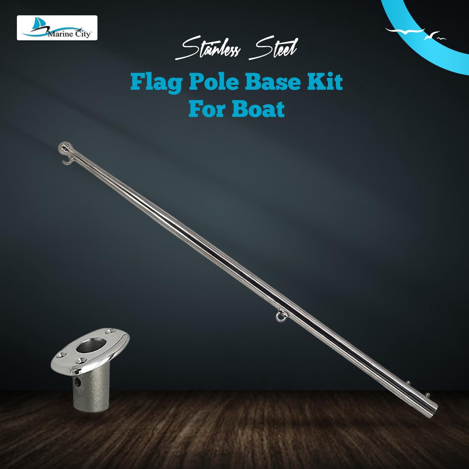 MARINE CITY Flag Stanchion Pole & Base Kit – 304 Stainless Steel 30-Inch Adjustable, Corrosion-Resistant, Durable for Yachts, Boats, RVs, and Marines (Large)