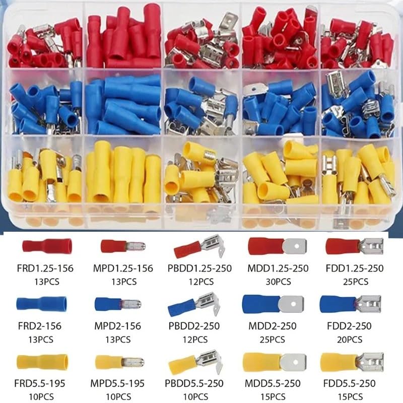 Assortiment de 236 connecteurs électriques isolés avec anneau bout à bout et déconnexion rapide