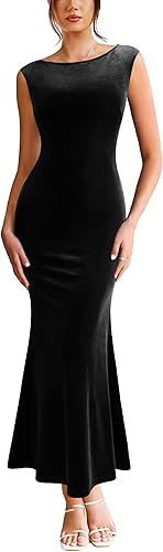 Womens Boat Neck Formal Bodycon Maxi Sleeveless Slim Fitted Wedding Guest Long Cocktail Mermaid Dress