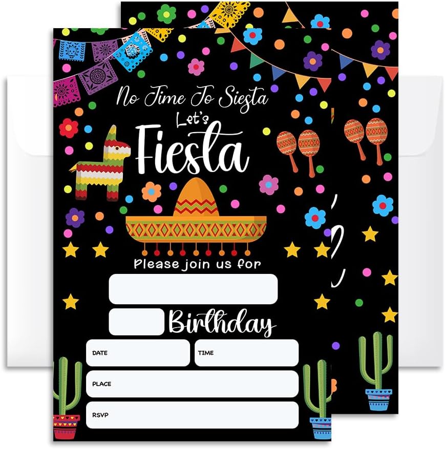 Fiesta Birthday Invitation Cards with Envelopes Pack of 20 (4" X 6") - Party Invitations for Boys, Girls, Kids, Teens - No Time To Siesta Let’s Fiesta - Mexican Fiesta Party Favors Decorations and