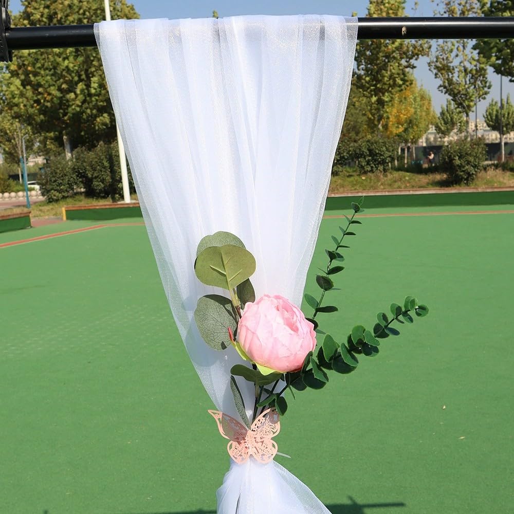 100 x 150 cm - Tissu en tulle blanc avec fleur artificielle d'eucalyptus - Boucle papillon - Kit de décoration pour mariage, voiture, rétroviseur de voiture, poignée de porte, décoration de