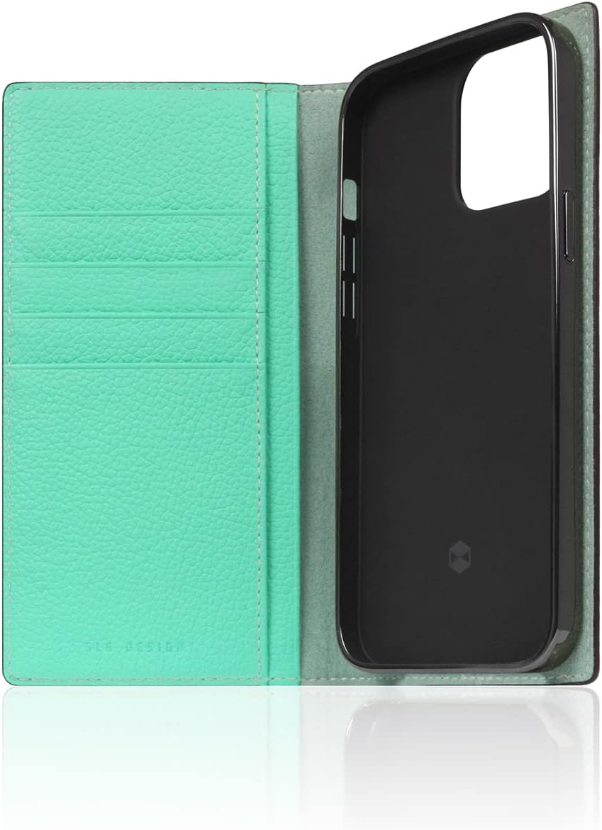 SLG D8 Neon Full Grain Leather Wallet Case for iPhone 14 Pro - Handcrafted Diary Style with Card Holders and Side Cash Pocket, Gift Box Included (Teal)