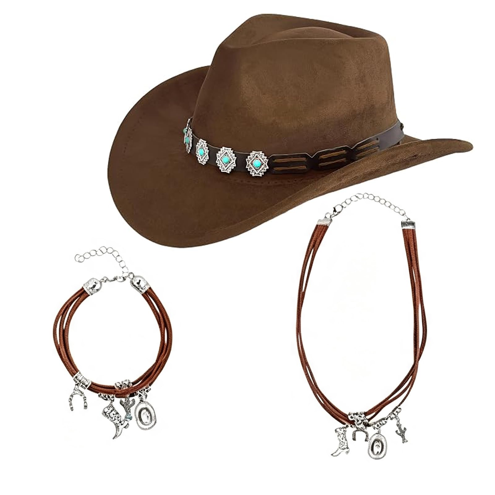 3 Pcs Cowgirl Hat Accessories Set with Necklace and Bracelet for Women
