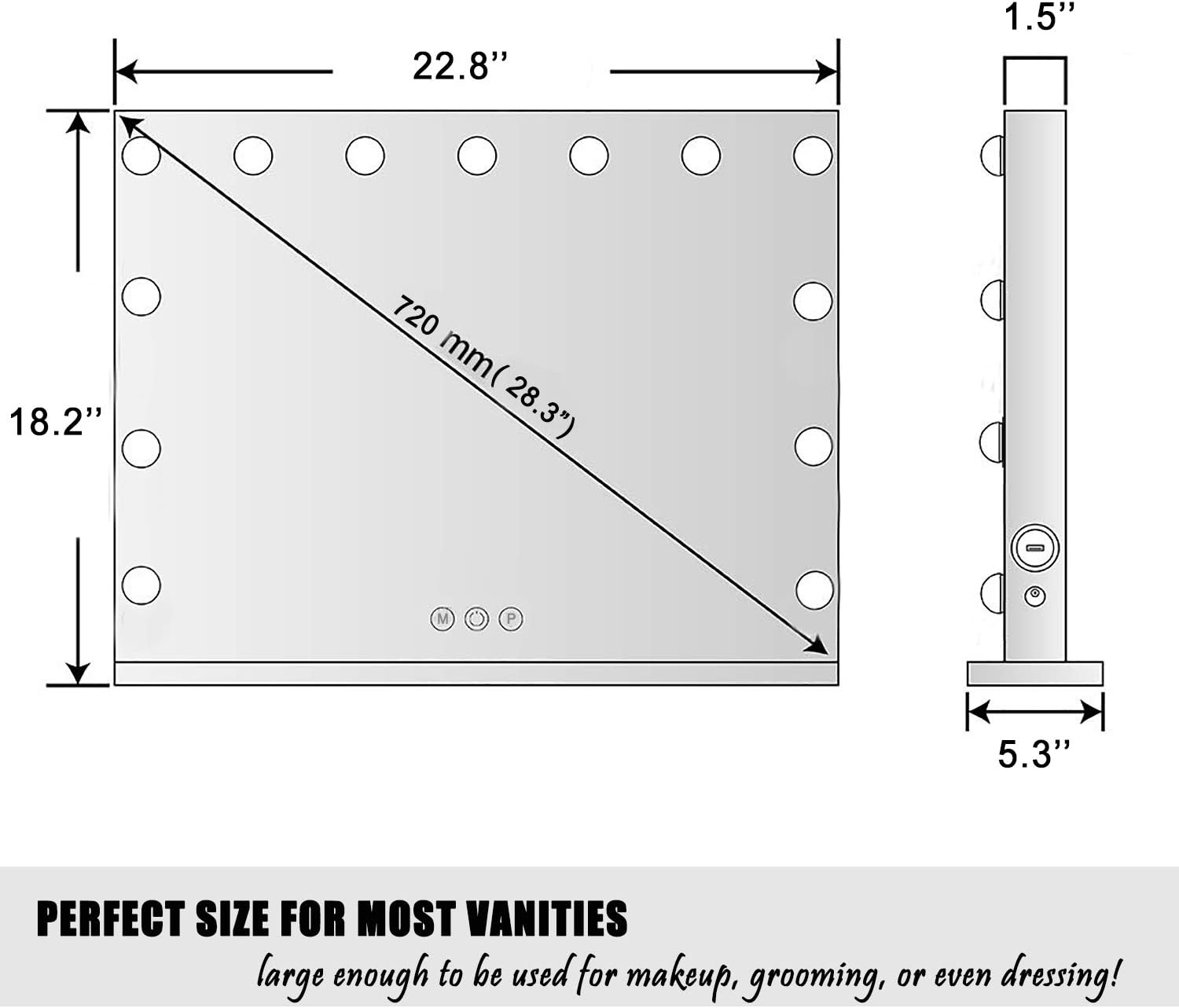TEVISE Makeup Vanity Mirror with Lights, Professional Hollywood Style Smart Touch Design, Dimmable Bulbs in 3 Color Tone Modes, USB Charging Port, 22.8" W x 18.2" H, White : Everything Else