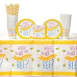 What Will It Bee? Party Supplies Pack for 16 Guests: Straws, Dessert Plates, Beverage Napkins, Table Cover, and Cups