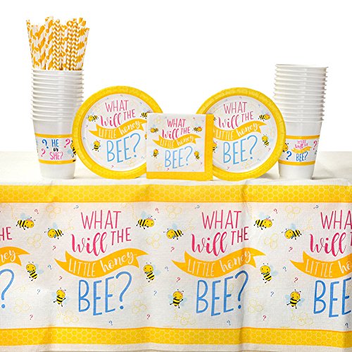 What Will It Bee? Party Supplies Pack for 16 Guests: Straws, Dessert Plates, Beverage Napkins, Table Cover, and Cups