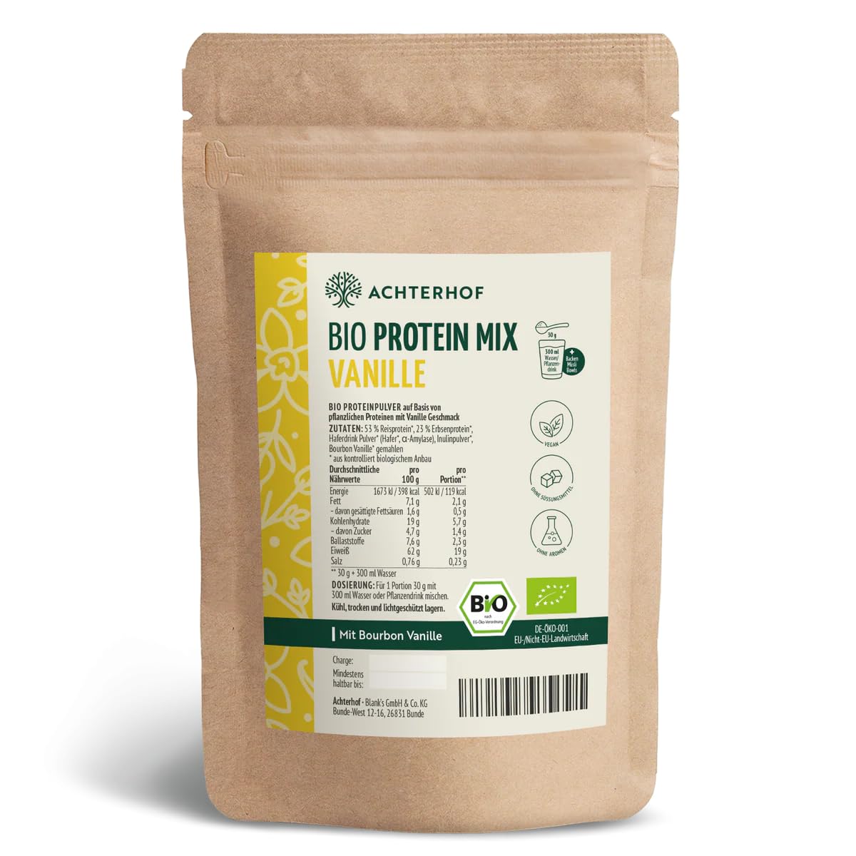 Bio Protein Mix Vanille 500g | Erbsen- und Reisprotein mit echter Bourbon Vanille und Ballaststoffen | 100% natürliche Bio-Proteinmischung | Achterhof