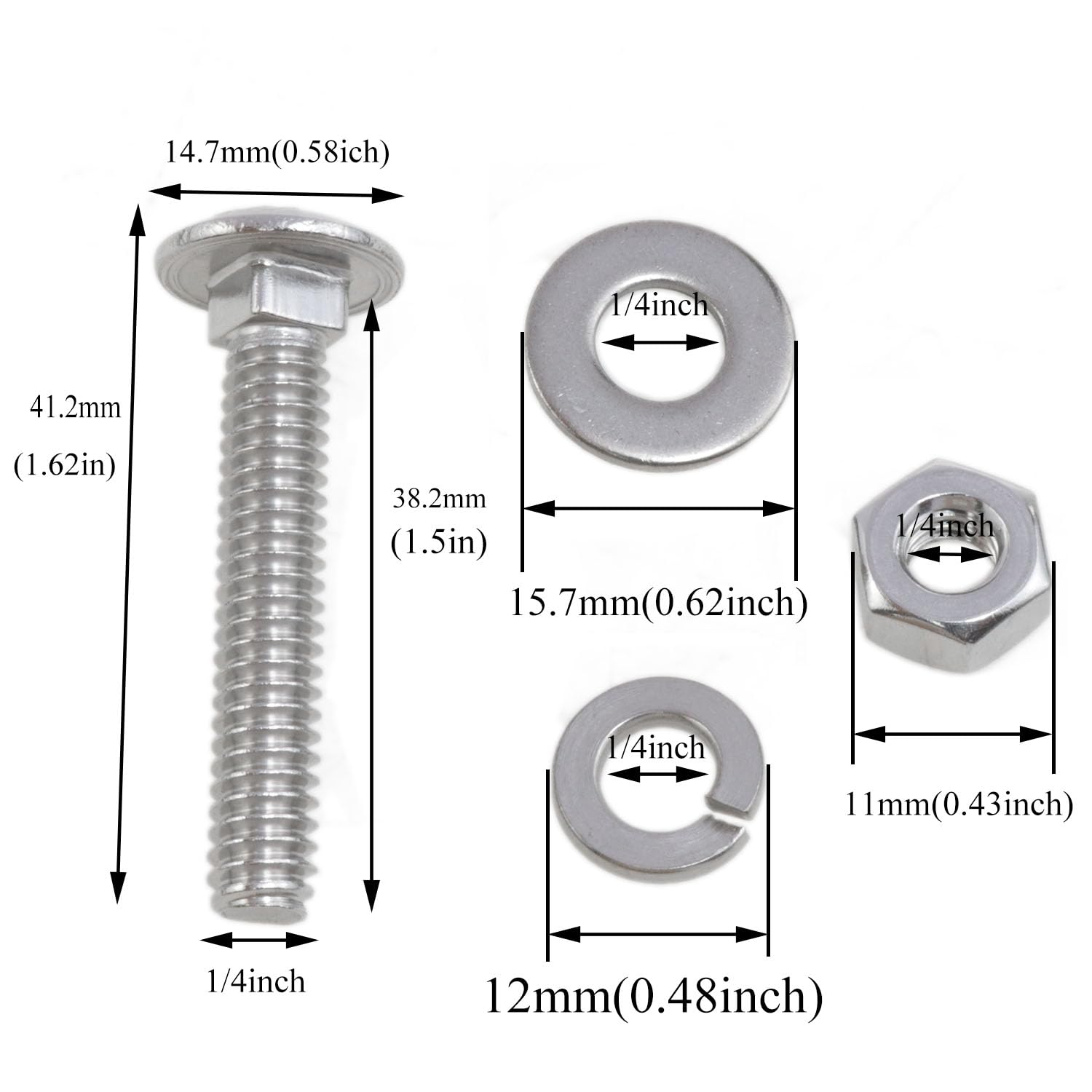Stainless Steel 18-8 Full Thread Coverage 1/4-20 x1-1/2 Carriage Bolts and Nuts Kit Square Bolt T Slot Bolts Head Bolts Header Bolts Hexagon Nut Spring Washer and Flat Washer Silver 10 Set