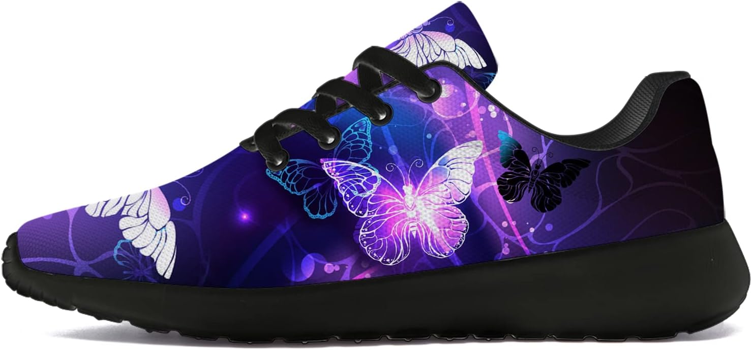 horethy Butterfly Shoes for Women Men Running Shoes Walking Tennis Sneakers Purple Butterfly Black Butterflies Night Shoes Gifts for Boy Girl,Size 4.5 Men/6.5 Women Black