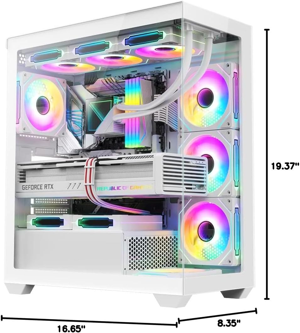 RUIX OV603 ATX Mid-Tower PC Case, Spacious High-Airflow Gaming Case with 4 x 120mm PWM ARGB Fans, USB 3.0 & Type-C Ports, Tempered Glass, Large Capacity Computer Case - White