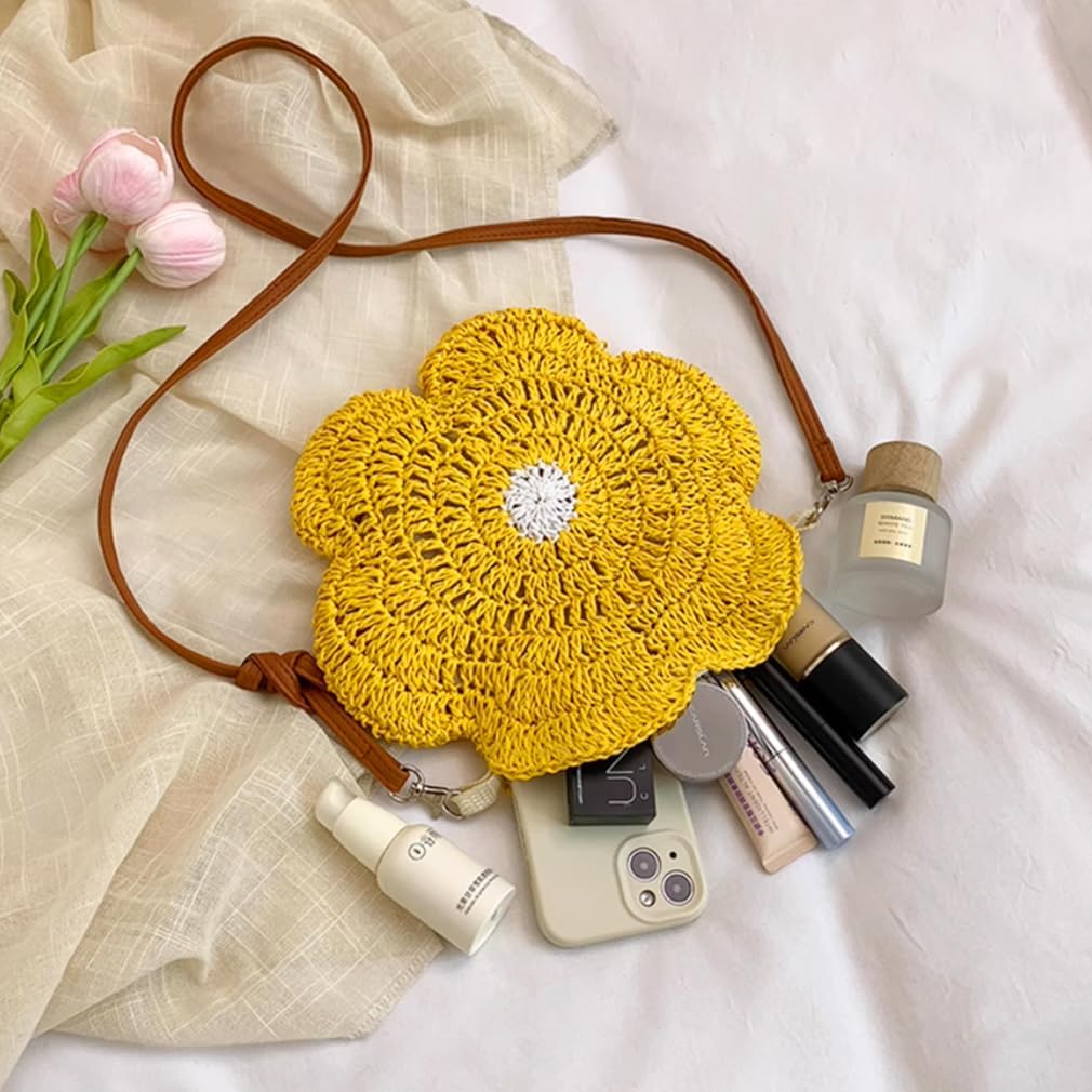 Straw Beach Bag for Women Fashion Flower Shoulder Bagss Cute Crossbody Purse Messenger Handbag