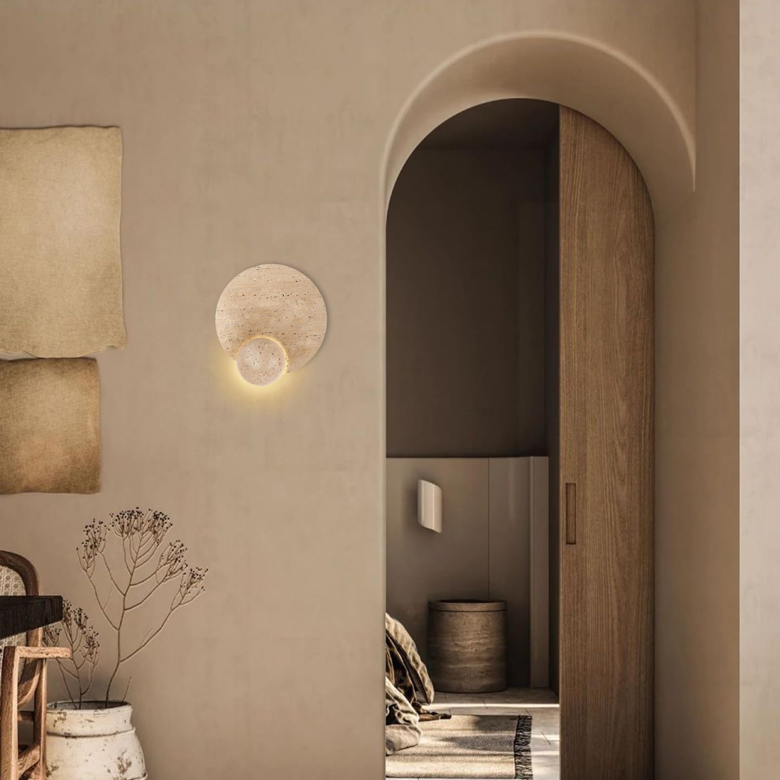 Oprawa oświetleniowa Wabi-Sabi Art Decor, nowoczesna kinkiet z trawertynu, okrągła marmurowa lampa naścienna, kinkiet ścienny w stylu japońskim z naturalnego kamienia do sypialni(Yellow)