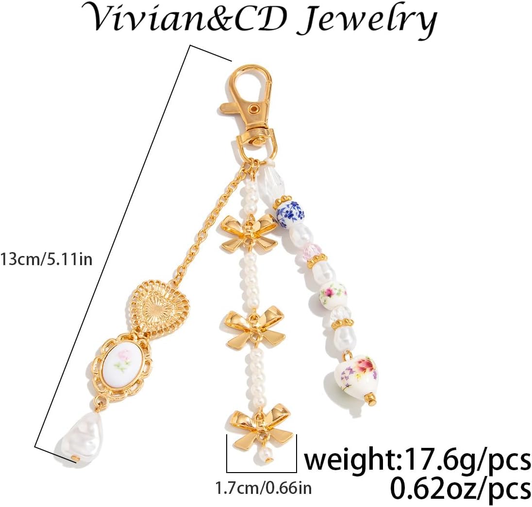 Vivian&CD Cute Keychain for Women, Kawaii Heart Flower Daisy Bag Charms with Sparkly Bowknot, Aesthetic Y2K Purse Accessories - Image 6
