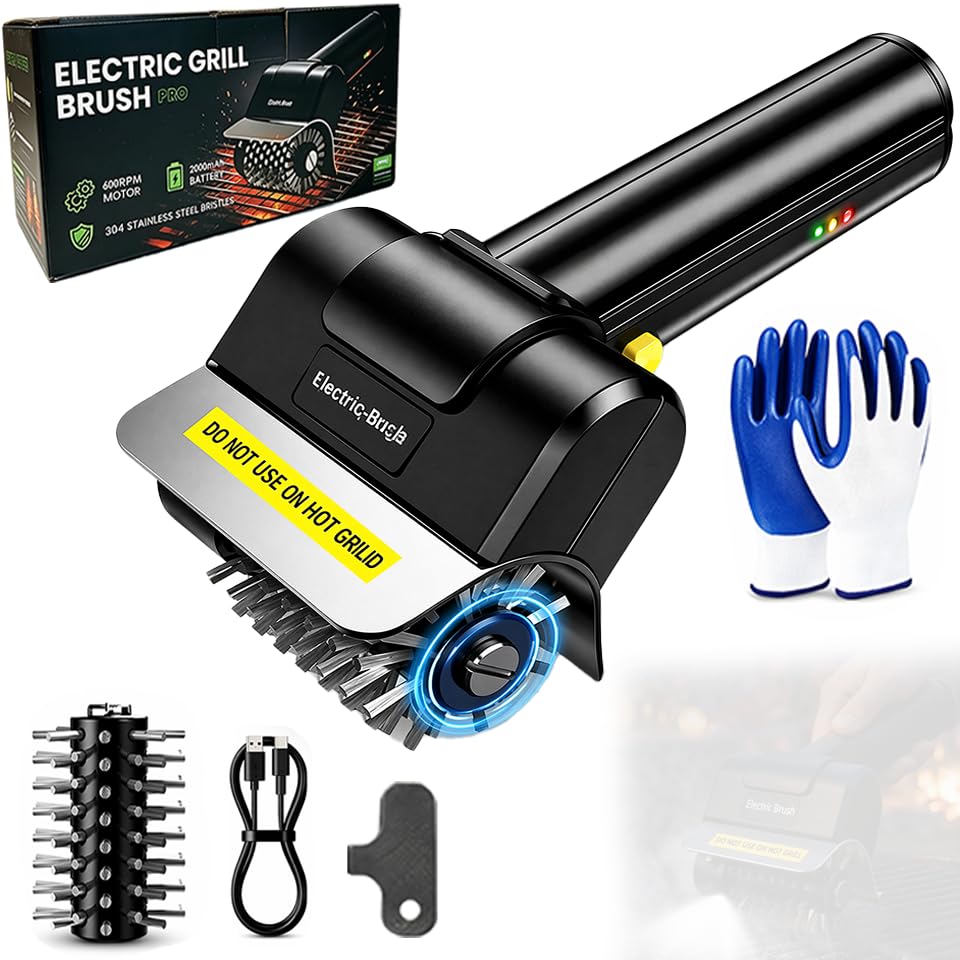 Elektrische Grillbürste, Elektrische Grill Reinigungsbürste mit Beleuchtung, Wiederaufladbarer Grillreiniger, 100 Minuten Laufzeit, Austauschbare Edelstahl-Bürstenkopf Für Alle Grills Geeignet