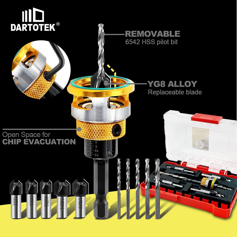 Set di punte da trapano per svasatura, HSS M2, profondità regolabile, per viti per legno americane, 1/8", 9/64", 5/32", 11/64", 3/16", 82° foro svasato