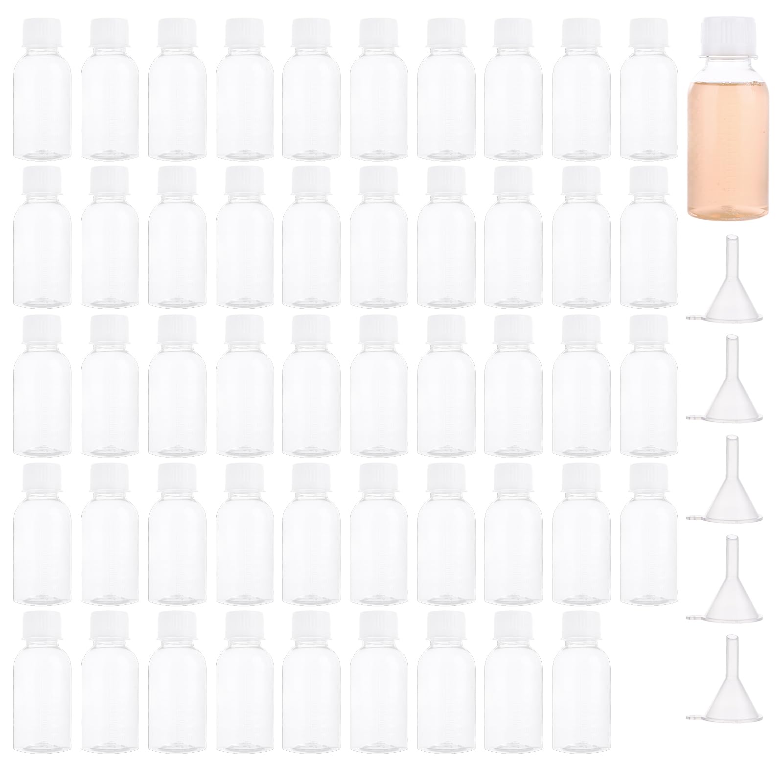 Confezione da 50 bottiglie da viaggio da 100 ml, in plastica trasparente con coperchio, piccole bottiglie in plastica PET con 5 imbuti per shampoo, lozioni, crema
