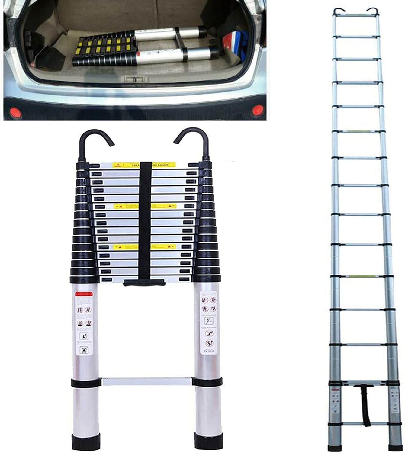 20.3FT 6.2M Telescoping Ladder with 2 Detachable Hooks, Professional Aluminum Telescopic Extension Ladder, 330 Pound Capacity, Non-Slip Protective Ladder for Outdoor Indoor, EN131 Certified - - 