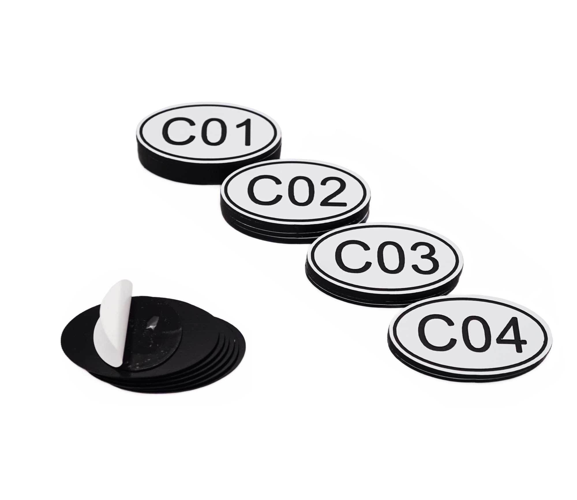 NanTun 50 Pack White Oval Locker Tags Table Numbers - 30mm x 50mm ABS Plastic Engraved Numbers - C01 to C50