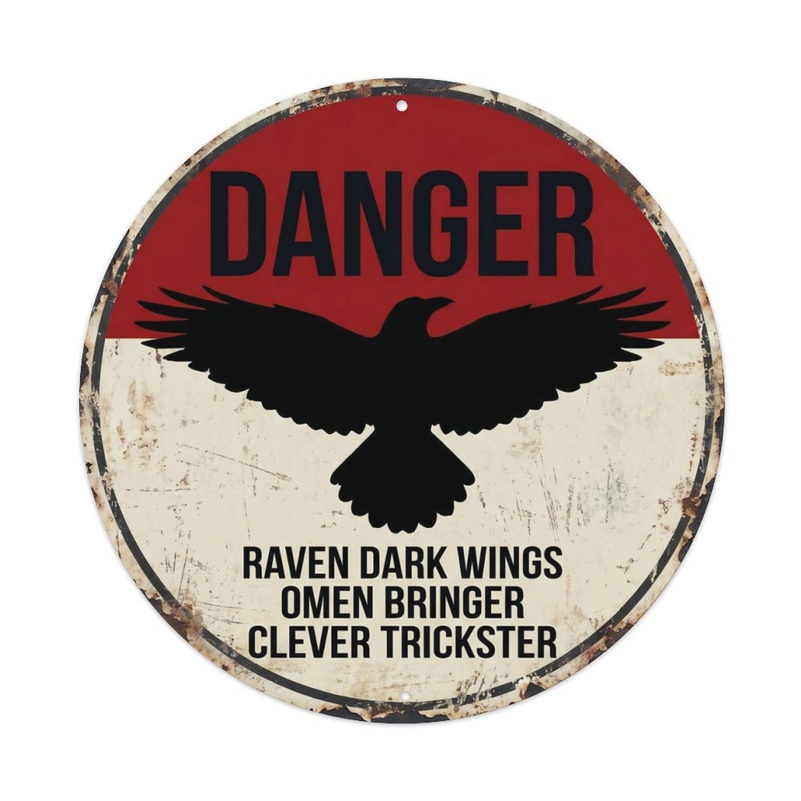 Funny Bird Warning Label Raven Dark Flight Rustic Grunge Metal Tin Sign Plaque Wall Decor for Cafe, Man Cave, Club Bar, Office, Home Garden Round Metal Poster 8x8Inch
