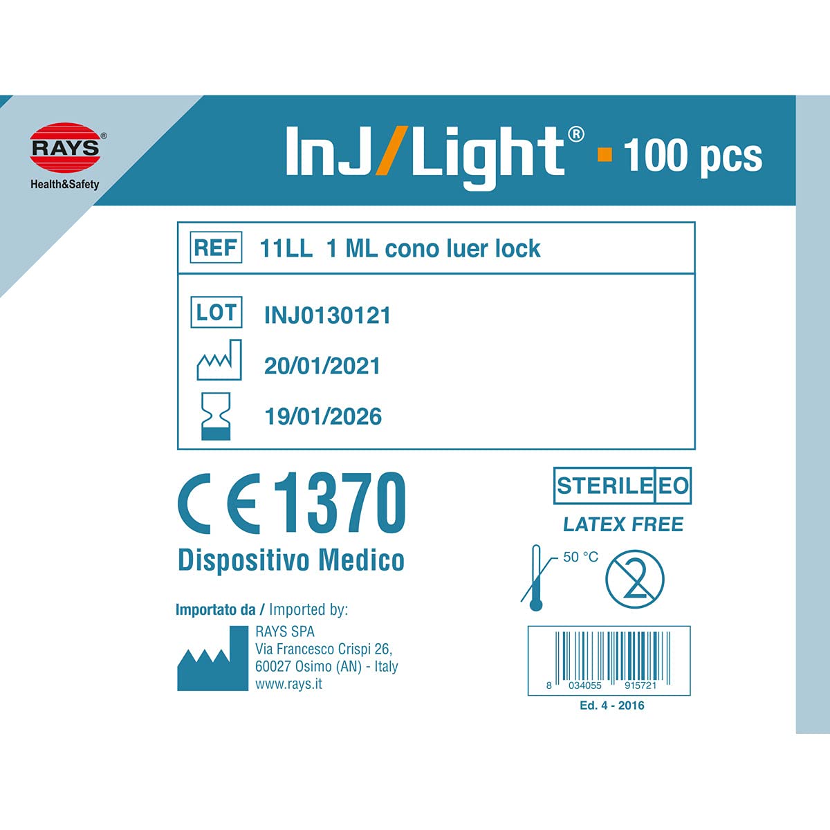 Rays Siringhe Ipodermiche INJ/LIGHT® Senza Ago, Luer Lock, 1 ml, Confezione 100 pz.