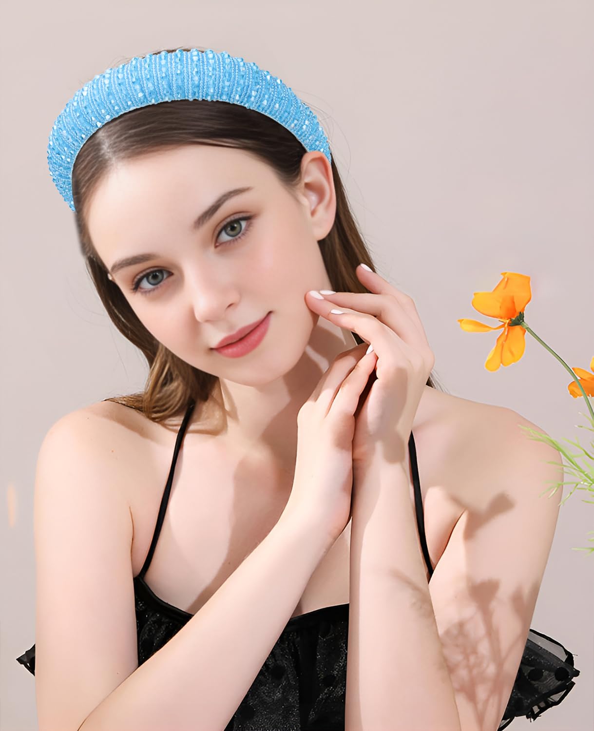 FASHION Luxury Padded Blue Headband with Silver Logo Accent Amazon.com : Wecoe Blue Rhinestone Headband Women Fashion  main image 4