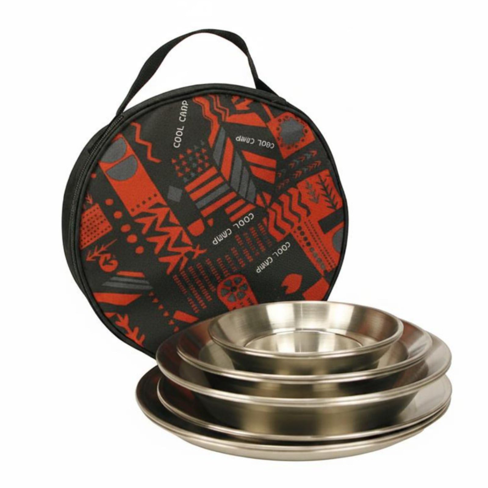 12 Pieces Vaisselle Camping en Acier Inoxydable Rond Ensemble Repas Randonnée Portable Set Couverts Plein Air