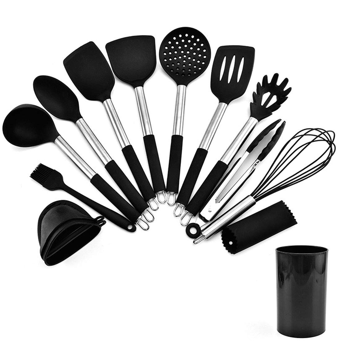 SXSHYUJE Non-stick Kitchen Utensil Set 13pcs Silicone Cooking Utensils, Turners, Tongs, Whisk, Heat-resistant Spatula Kitchen Utensils Set Baking Utensils, Black