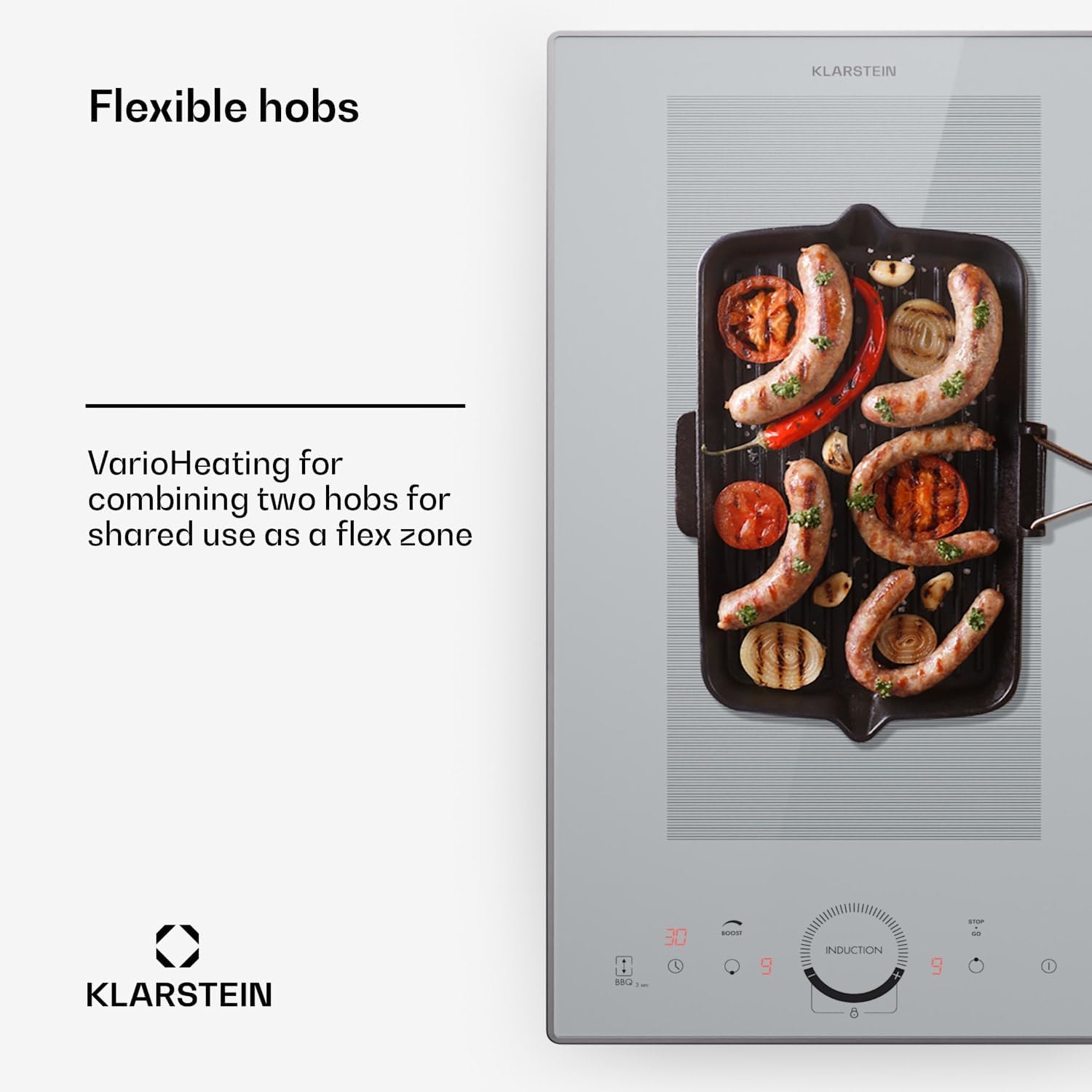 Klarstein Delicatessa Slim Induction Cooker with a large griddle pan spanning both cooking zones, demonstrating VarioHeating.