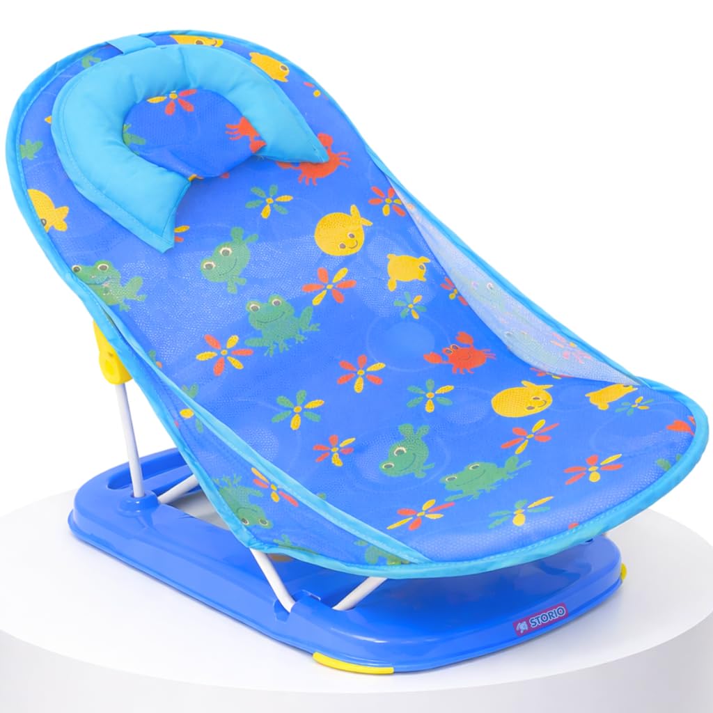 Storio Newborn Baby Bather | Foldable 3-Position Adjustable Bath Chair for Infants 0–12 Months | Anti-Skid Base | Soft Washable Mesh Seat | Comfortable & Safe Bath Support for Babies up to 5Kg - Blue