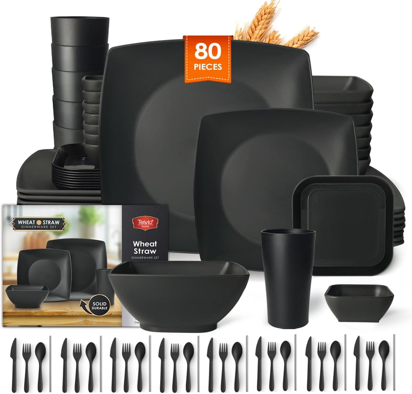 Teivio 80-piece Plastic Kitchen Wheat Straw Square Dinnerware Set for 8, Unbreakable Dinner Plates, Salad Plates, Snack Bowls,Sauce Cups,Tumblers 13.5oz, Dishwasher Safe, Outdoor Camping Dish, Black