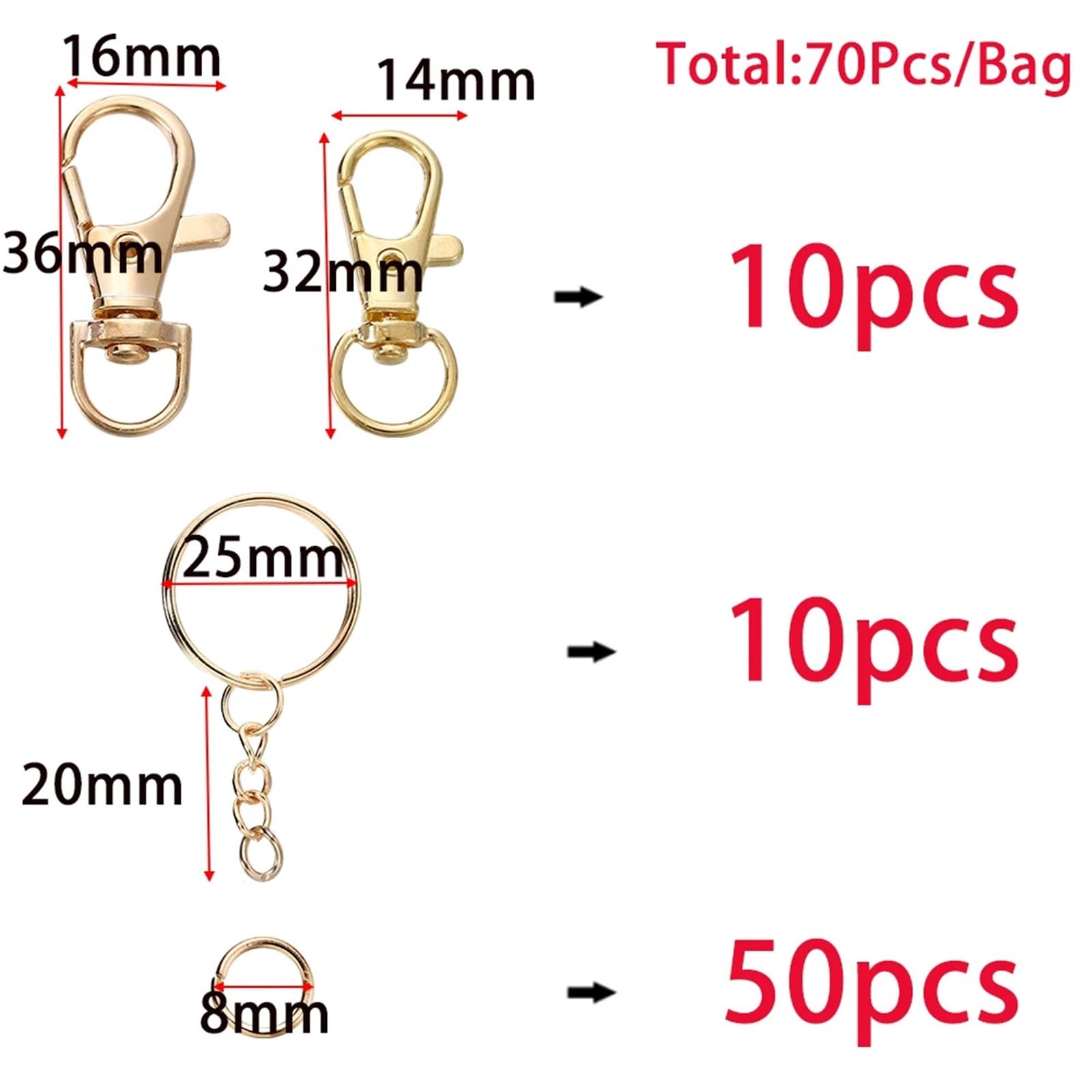 Juego de 10 llaveros giratorios con gancho a presión con conectores de cadena para llavero, cordón, accesorios para hacer joyas (oro rosa, 16 x 36 mm)