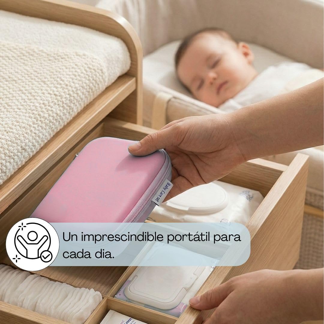 Kit de Cuidado e Higiene para Bebé | Estuche Portátil con Cepillo y Peine, Tijeras, Lima, Cortaúñas, Termómetro Digital, Aspirador Nasal y Protector de Chupete (Rosa)