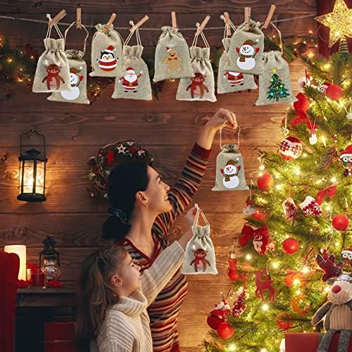 Yaclonq 24pcs Christmas Drawstring Gift Bags,Christmas Advent Calendar Bags, Sacks Jute Present Pouches, Print Linen Bag with Clips and String, Candy Pouch Snack Craft Bag for kids Xmas Favors