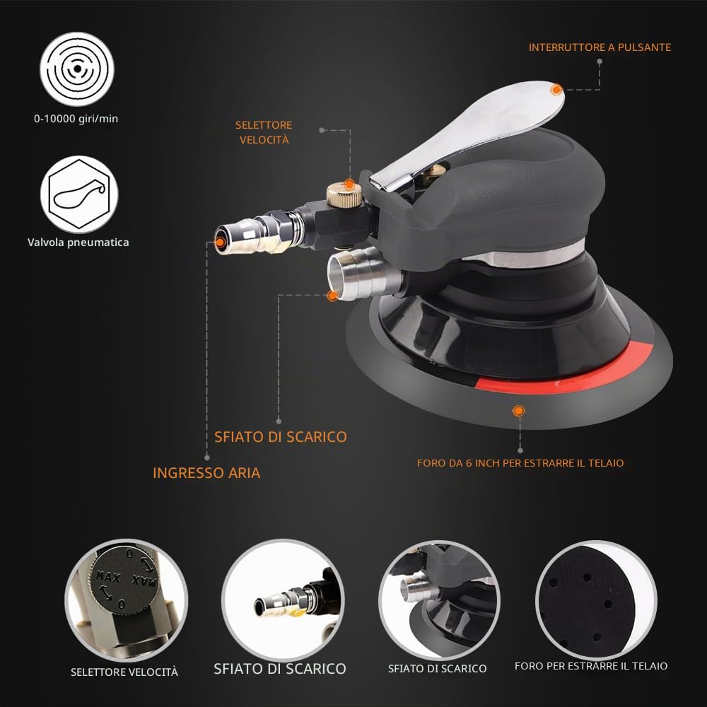 Ponceuse à Air, Polisseuse Excentrique SPTA 125mm 150mm Levigatrice rotorbitale pneumatica con 24 carta vetrata e 3 spugne lucidanti Polisseur Orbitale Pneumatique per lucidare, levigare