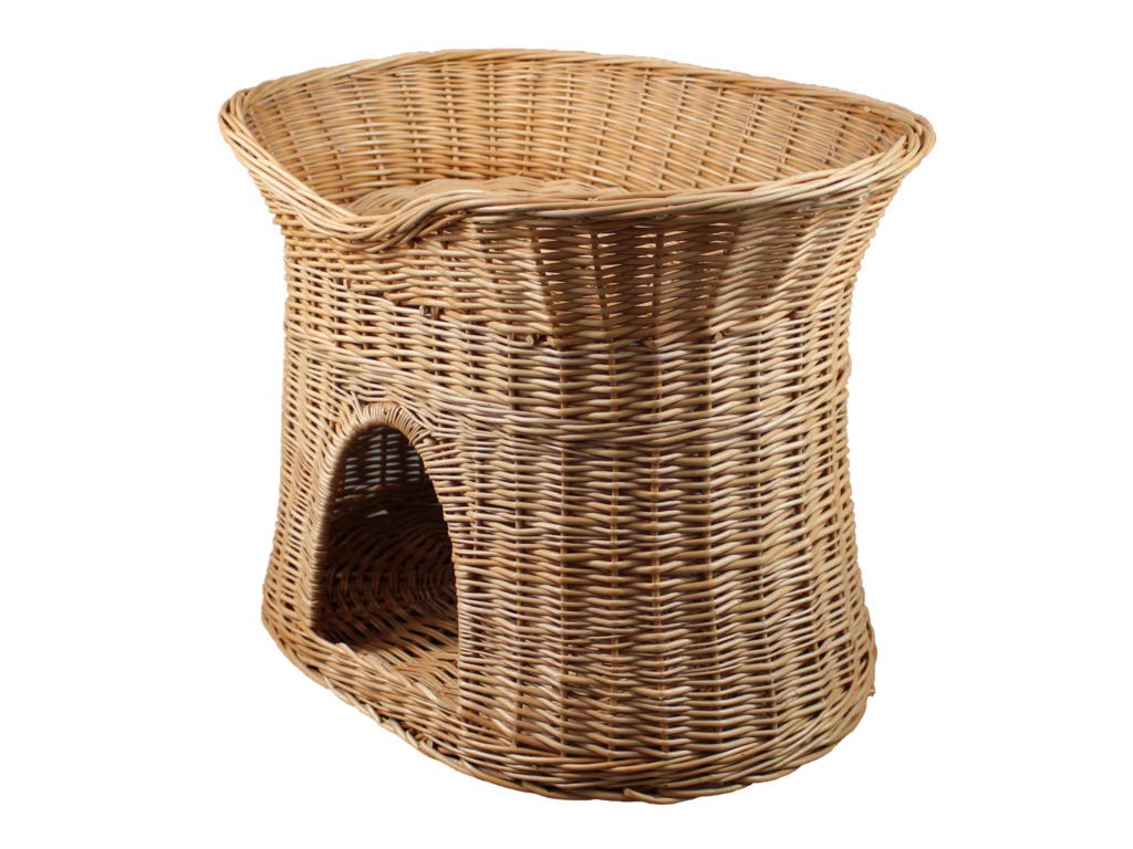 Katzenkorb zum Schlafen – Katzenhütte Indoor – Größe L: 60 cm oval – Katzenhöhle aus Weide – Zweistöckiger Hunde – oder Katzenbett mit waschbaren Kissen in Ecru – Natürliche Korbfarbe