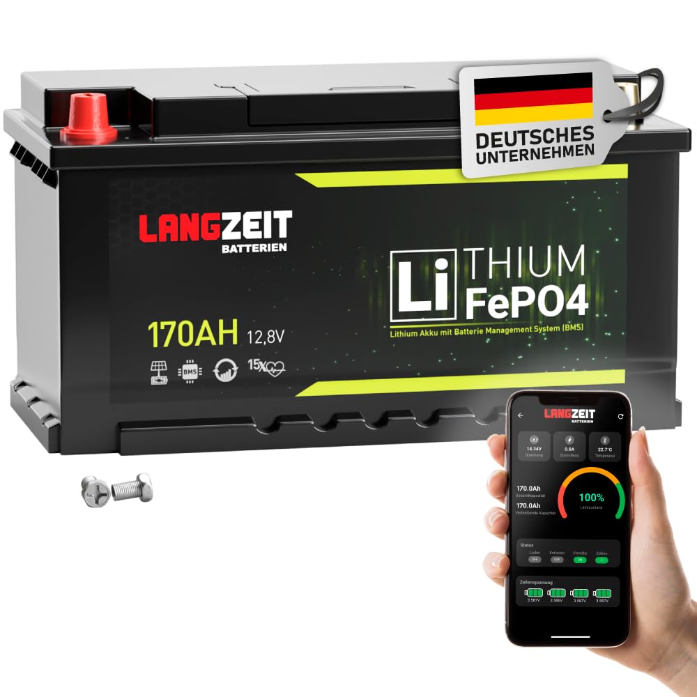 LANGZEIT LifePO4 170Ah Bluetooth BMS 12V Lithium Batterie DIN L5 H8 Solarbatterie Wohnmobil Solar Bootsbatterie Akku ersetzt 100Ah 120Ah 150Ah
