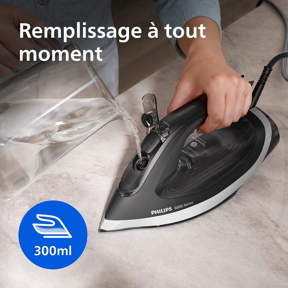 Philips Fer à repasser Série 6000 – Technologie OptimalTEMP, 0 réglage, 0 brûlure. Effet pressing 190g, Débit vapeur 45g, Semelle SteamGlide Plus, Système anti-goutte, Arrêt automatique (DST6120/80)