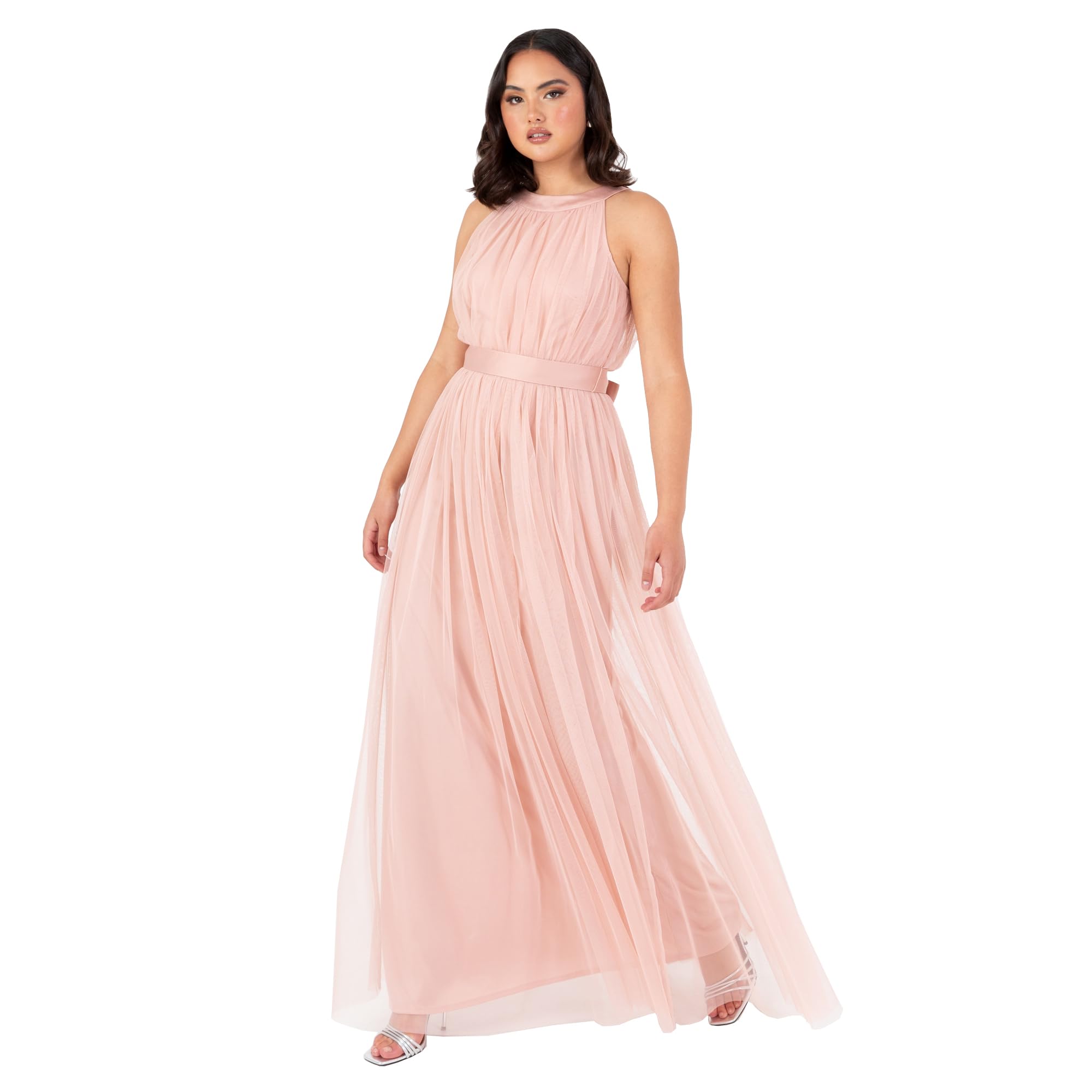 Anaya with Love Ladies Maxi Dress for Women Halter Neck Long Sleeveless with Belt A Line Evening Gown Ball Prom Wedding Guest Bridesmaid, Pfirsichrosa 38