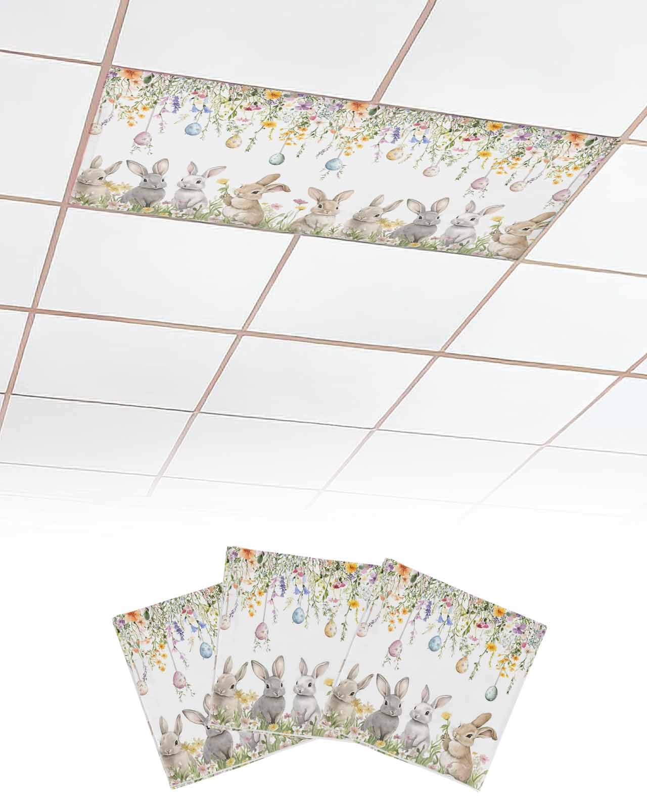 EwdeWwo Easter 3 Pcs Fluorescent Light Covers for Ceiling Lights, Wild Flowers Bunny Easter Eggs Magnetic Light Filters for Eliminate Harsh Glare Classroom Office Decoration, 4 x 2 Ft