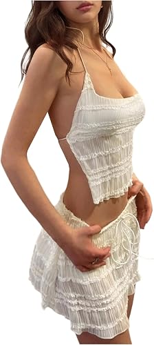 SHENHE Women's Summer 2 Piece Outfits Y2k Halter Crop Top Lo