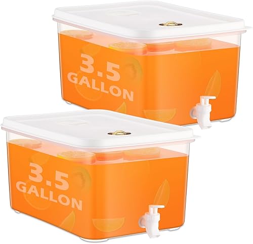 Domensi Paquete de 2 dispensadores de bebidas de 3.5 galones para nevera con grifo dispensador de agua, tapas a prueba de fugas, filtro de bebidas,