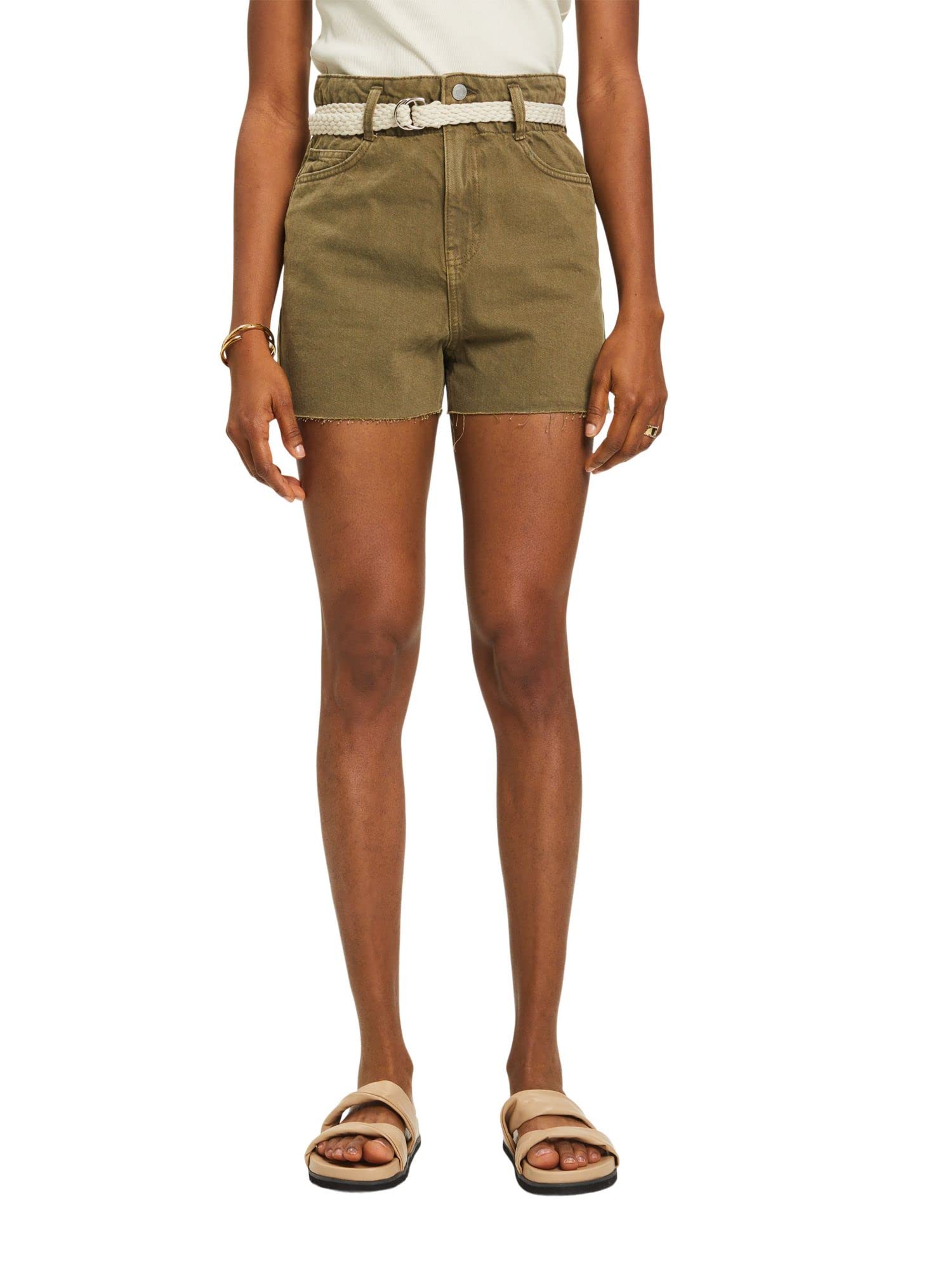 ESPRIT EDC Cut Off Denim Shorts, Khaki Green, 27W