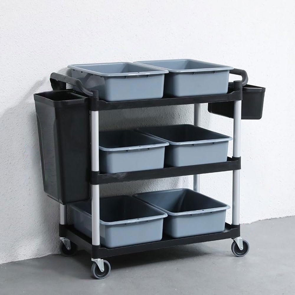 3-Tier Rolling Utility Cart, Commercial Plastic Service Cart(Black)