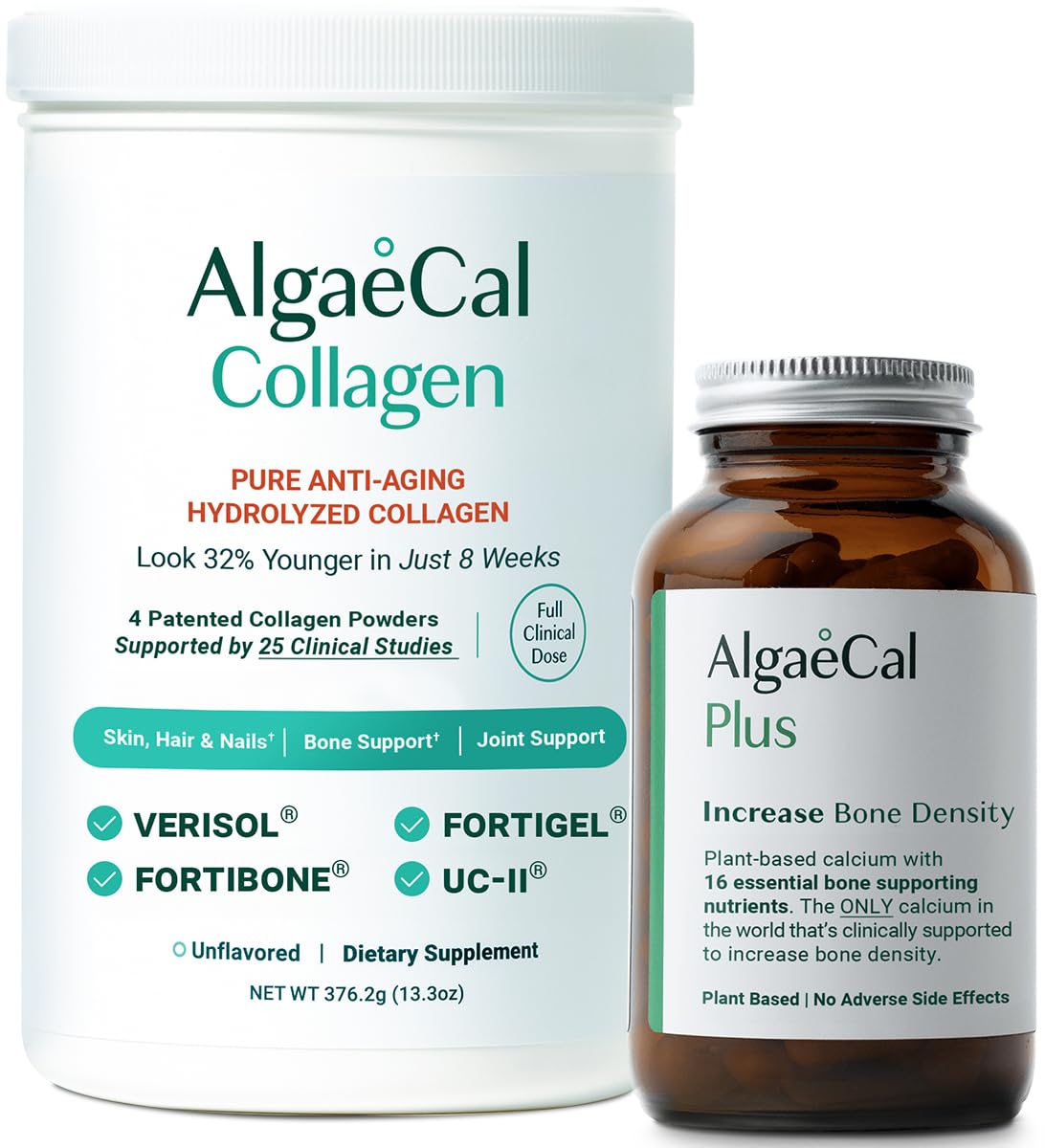 ALGAECAL Calcium Collagen Bundle Hydrolyzed Collagen Complete with Clinically-Supported Verisol Fortibone Fortigel Plus Vitamin D3 K2 Magnesium Trace