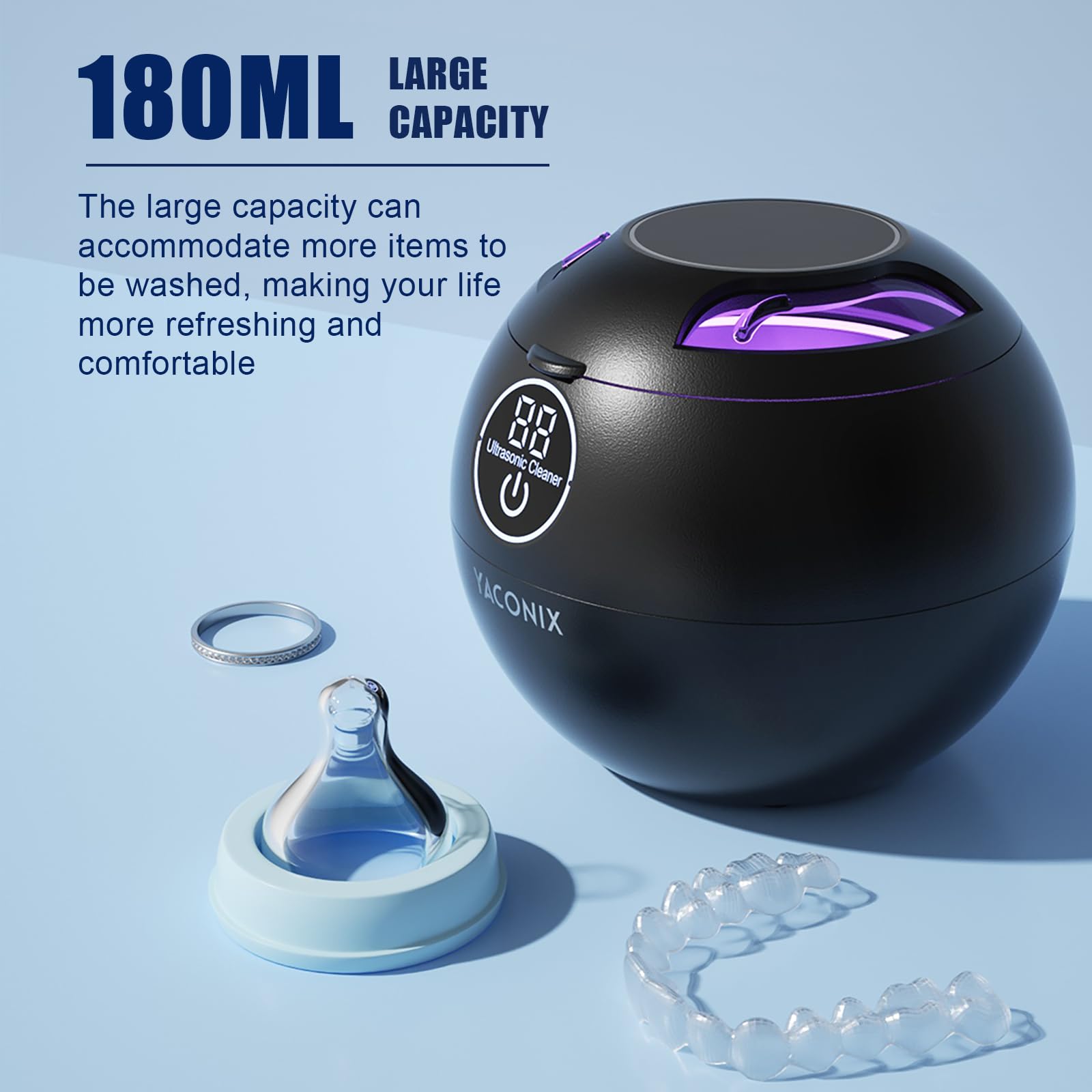 Nettoyeur de retenue dentaire à ultrasons 45 kHz avec 3 modes et minuteur numérique pour le nettoyage des prothèses, garde de nuit, aligneur, appareil dentaire, brosse à dents, bijoux noir