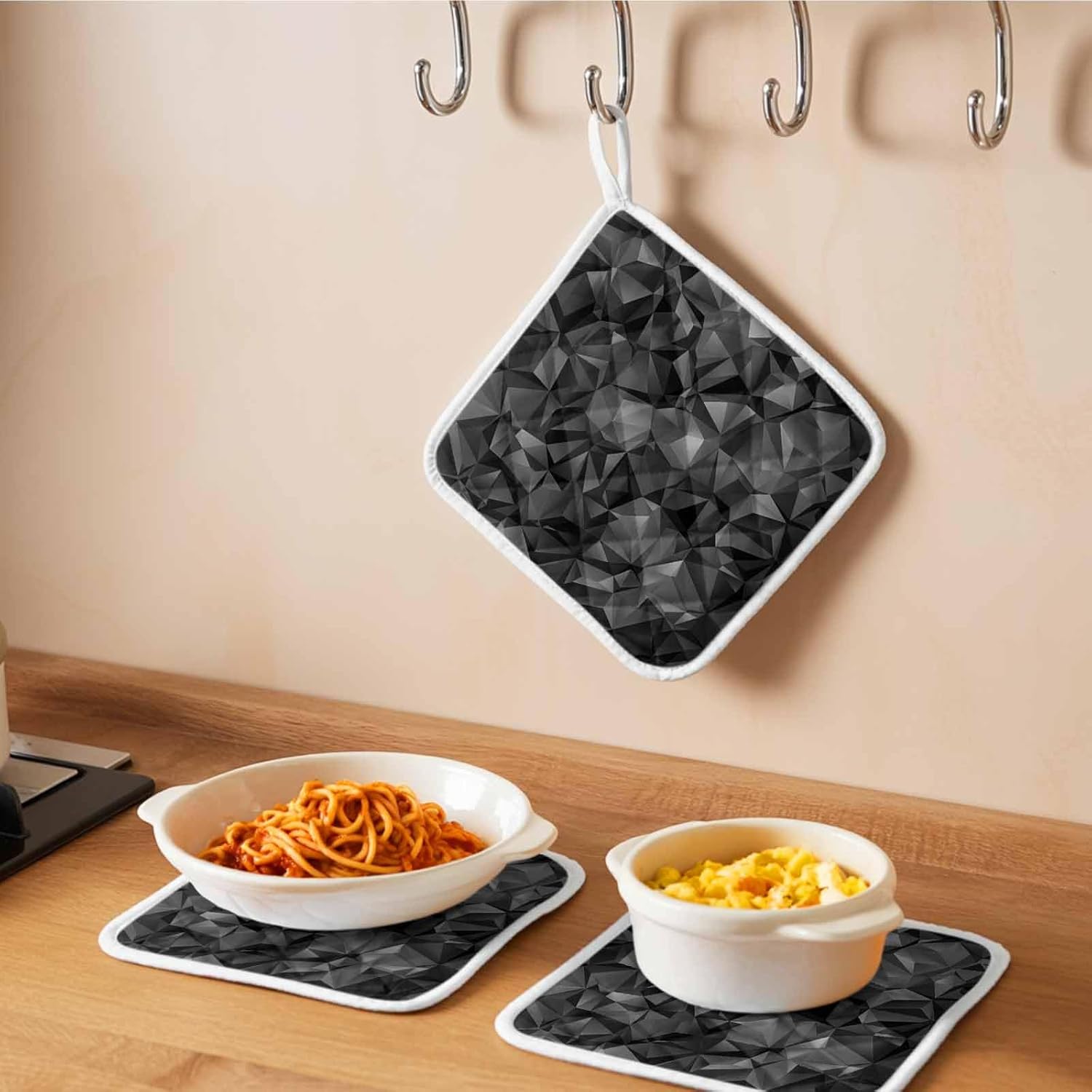 Black Geometric Pot Holders for Kitchen Heatproof Potholder, 5 Pack Contemporary Minimalism Abstract Pattern Hot Pads Multipurpose Oven Pads Cloth Potholders Trivet for Cooking Baking