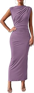 Women's Ruched Bodycon Dress Summer Casual Sleeveless Back Slit Elegant Club Evening Party Cocktail Maxi Dresses - Buy now